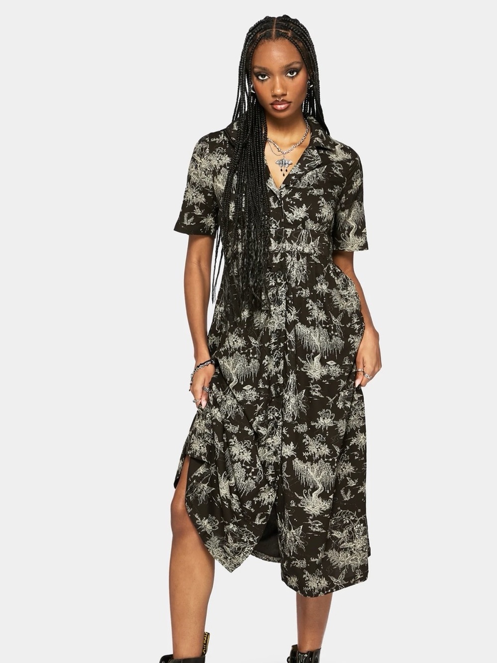 Disturbia Black and White Botanical Midi Dress